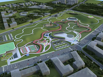 Urban Park Landscape With Winding Pathways Green Lawns And Recreational Areas 3d model