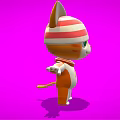 3D Cat Character with Red White Striped Hat Green Blue Eyes Sun Pattern Pink Background