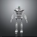 Metallic Silver Robot With Glowing Green Eyes Standing In Upright Pose On Dark Backdrop