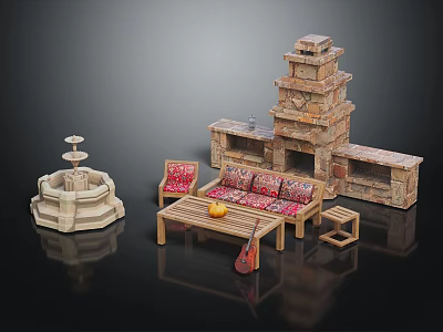 Rustic Wooden Sofa With Red Patterned Cushions And Coffee Table With Fruit And Side Stool 3d model