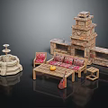 Rustic Wooden Sofa With Red Patterned Cushions And Coffee Table With Fruit And Side Stool