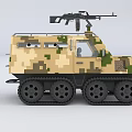 Camouflaged Tracked Utility Vehicle With Machine Gun Mounted On Top And Rugged Design