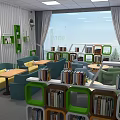 Modern Reading Lounge Interior With Green Blue Sofas Round Tables And Bookshelves