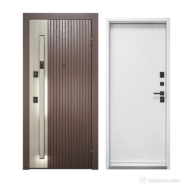 Swing Door in Brown and White with Vertical Stripes and Black Handle 3d model 