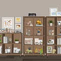 Stylish Wooden Bookcases Decorated With Books Figurines Small Plants And Photo Frames
