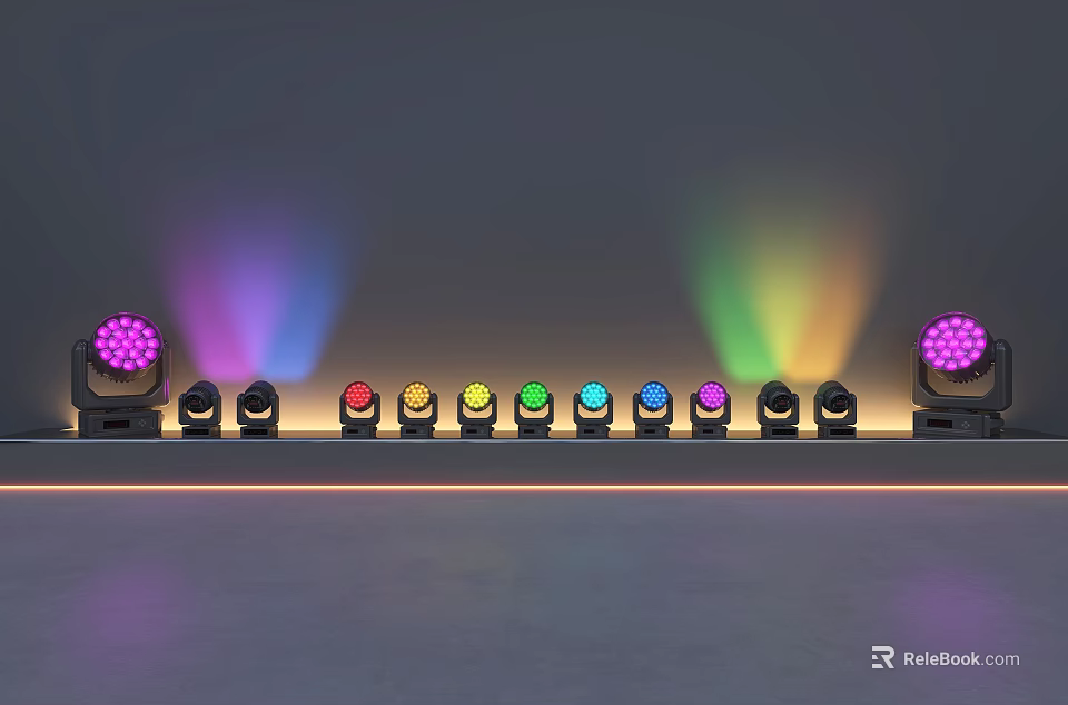 Colorful Decorative Lights Arranged in a Row Projecting Vibrant Beams on Gray Background 3d model 