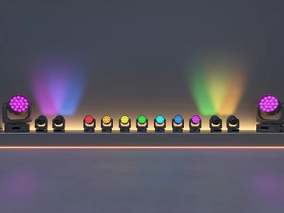 Colorful Decorative Lights Arranged in a Row Projecting Vibrant Beams on Gray Background 3d model