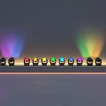 Colorful Decorative Lights Arranged in a Row Projecting Vibrant Beams on Gray Background