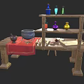 Rustic Wooden Workbench With Scroll Tools Cauldron Small Stool And Three Tier Shelf