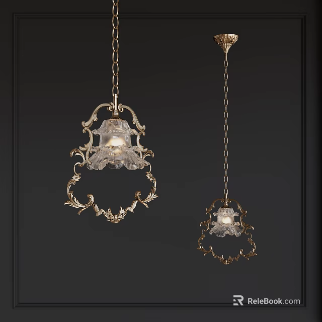 Vintage Ornate Chandeliers With Metal Frame And Glass Shades Hanging On Dark Background 3d model 
