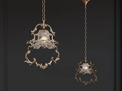 Vintage Ornate Chandeliers With Metal Frame And Glass Shades Hanging On Dark Background 3d model