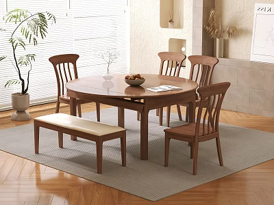 Natural Solid Wood Round Dining Table Set With Four Chairs And Soft Padded Bench 3d model