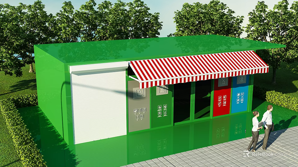 Green Building Exterior With Red White Striped Awning Roller Shutter Door Green Ground And Trees 3d model 