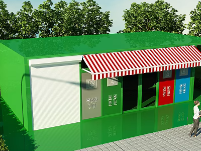 Green Building Exterior With Red White Striped Awning Roller Shutter Door Green Ground And Trees 3d model