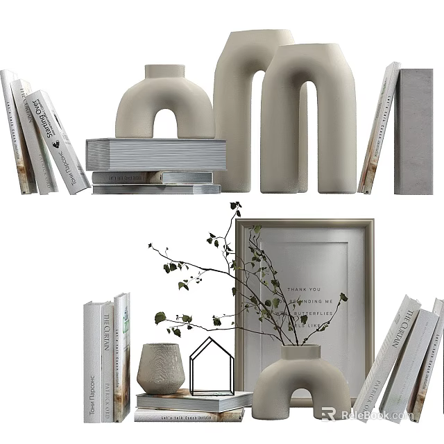 Stylish Decorative Ornament Set With Curved Vases Stacked Books Frame And Green Plant 3d model 