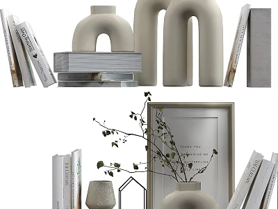 Stylish Decorative Ornament Set With Curved Vases Stacked Books Frame And Green Plant 3d model