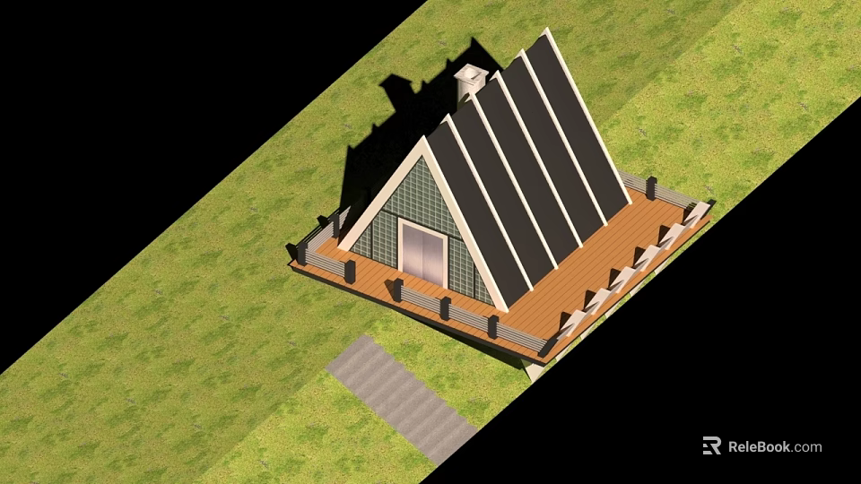 Tent With Triangular Roof Black Stripes Wooden Deck Surrounded By Green Grass And Gray Walkway 3d model 