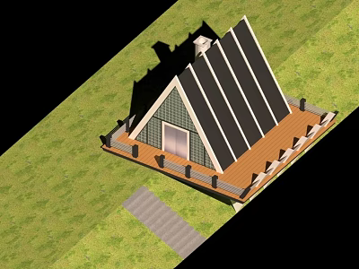 Tent With Triangular Roof Black Stripes Wooden Deck Surrounded By Green Grass And Gray Walkway 3d model