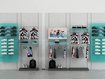 Fashion Clothing Store With Glass Display Shelves Hanging Clothes Shoes And Decorative Painting 3d model