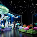 Enchanting Fungi Exhibition With Mushroom Sculptures Display Boards Hanging Screens And Lighting