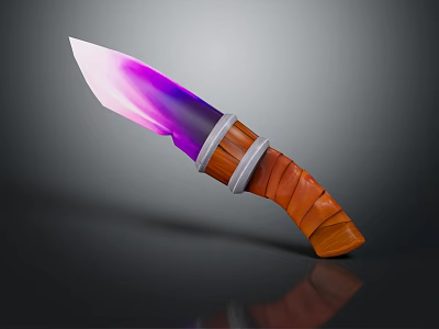 Stylish Fantasy Knife With Purple Pink Gradient Blade Wooden Handle And Silver Accents 3d model
