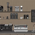Stylish Kitchen With Coffee Machines Grinders And Cups On Shelves For Household Electrical Appliances