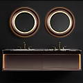 Modern Bathroom Vanity With Double Sinks Round Illuminated Mirrors And Marble Countertop
