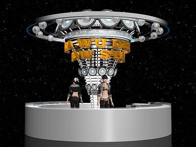 Futuristic Bar With Circular Top Yellow New Dance Club Signage Starry Background And Standing People 3d model