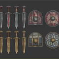 Medieval Weapons Collection With Multiple Swords And Decorative Shields Featuring Colorful Hilts