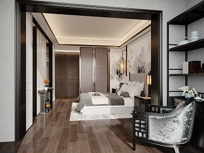 Elegant Modern Chinese Bedroom Interior With Ink Painting Screen Pendant Lights And Wooden Flooring 3d model