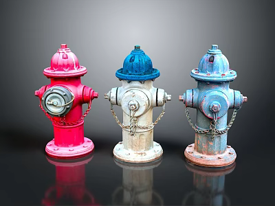 Colorful Fire Hydrants Display With Red White Blue Bodies And Metal Chains 3d model