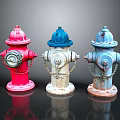 Colorful Fire Hydrants Display With Red White Blue Bodies And Metal Chains