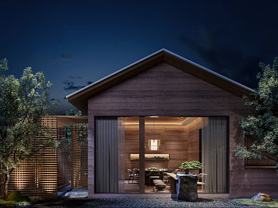Rural Self Built House With Wooden Exterior Courtyard Plants And Night Lighting 3d model
