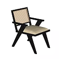 Modern Dining Chair With Black Wooden Frame Woven Backrest And Beige Cushion Armrests Design