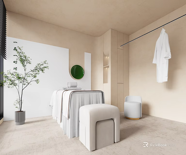 Modern SPA Sauna Room With Beige Interior Green Plant White Towels Robe And Round Mirror 3d model 