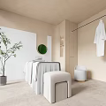 Modern SPA Sauna Room With Beige Interior Green Plant White Towels Robe And Round Mirror