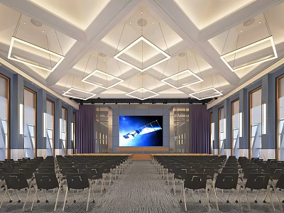 Modern Conference Room Interior With Arranged Chairs Large Screen Geometric Pendant Lights Windows Purple Curtains 3d model