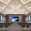 Modern Conference Room Interior With Arranged Chairs Large Screen Geometric Pendant Lights Windows Purple Curtains