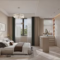 Modern Bedroom Interior Design With Chandelier Large Bed Nightstand Window Rug And Decorative Painting