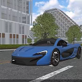 Blue Sports Car On City Street With Modern Buildings Trees And Blue Sky