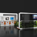 TOSHIBA Exhibition Island With White Black Design Screens Display Windows Green Plants And Cabinets