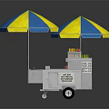 Playful Dog Standing By Hot Dog Cart With Blue Yellow Umbrellas