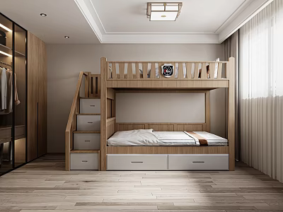 Cozy Kids Room Interior With Wooden Bunk Bed Stairs Drawers Wardrobe And Window Curtains 3d model