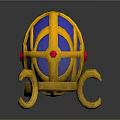 Decorative Ornament Set With Golden Egg Shaped Design Blue Accents Red Gemstone And Curved Stand