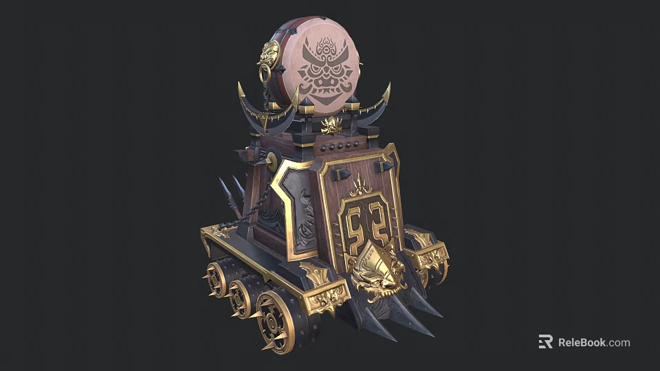 Ancient Ornate Weapon With Golden Carvings Spikes Decorative Base And Spiked Wheels 3d model 