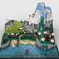 Building Blocks Model of Mountain Waterfall with Green Grass Pink Flowers and Small Boat