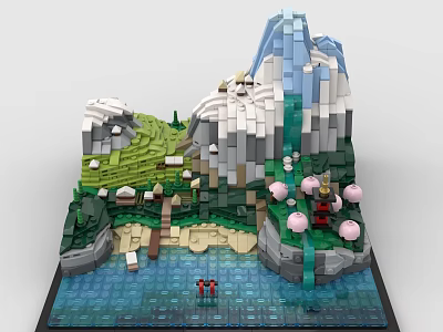 Building Blocks Model of Mountain Waterfall with Green Grass Pink Flowers and Small Boat 3d model