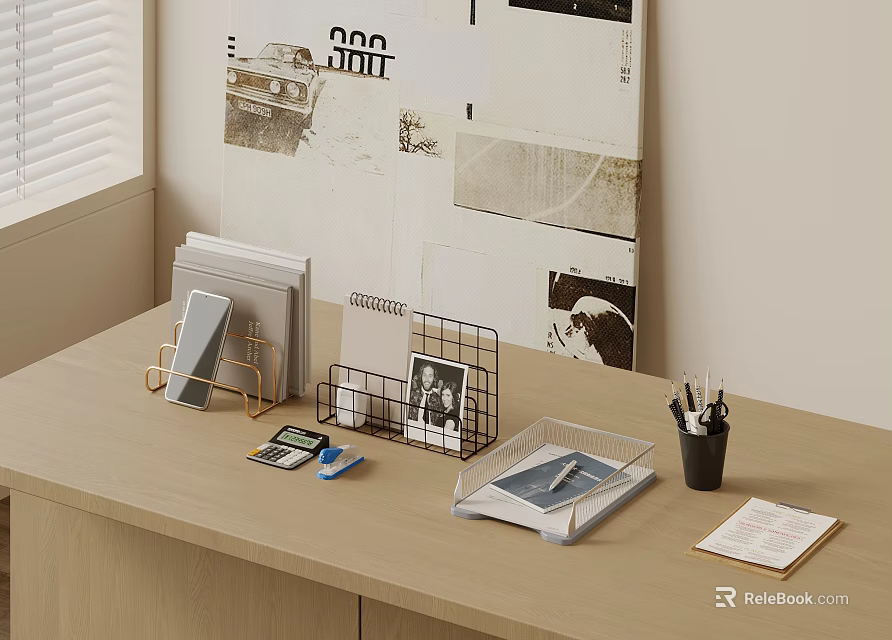 Transparent Folders on Organized Office Desk Featuring Metal File Holder Calculator Pens and Notebook 3d model 