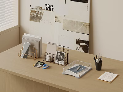 Transparent Folders on Organized Office Desk Featuring Metal File Holder Calculator Pens and Notebook 3d model
