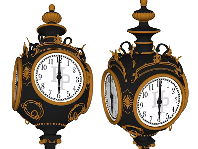 Antique Table Clocks With Black And Gold Ornate Design White Dial And Decorative Finials 3d model